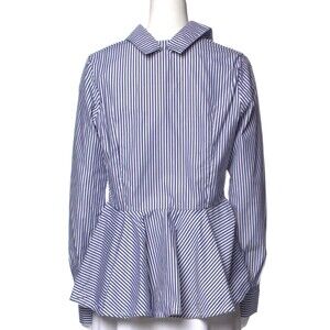 DESIGNER OVELIA TRANSTOTO BLUE/WHITE STRIPED COLLAR BUTTOM-UP LONG SLEEVE BLOUSE
